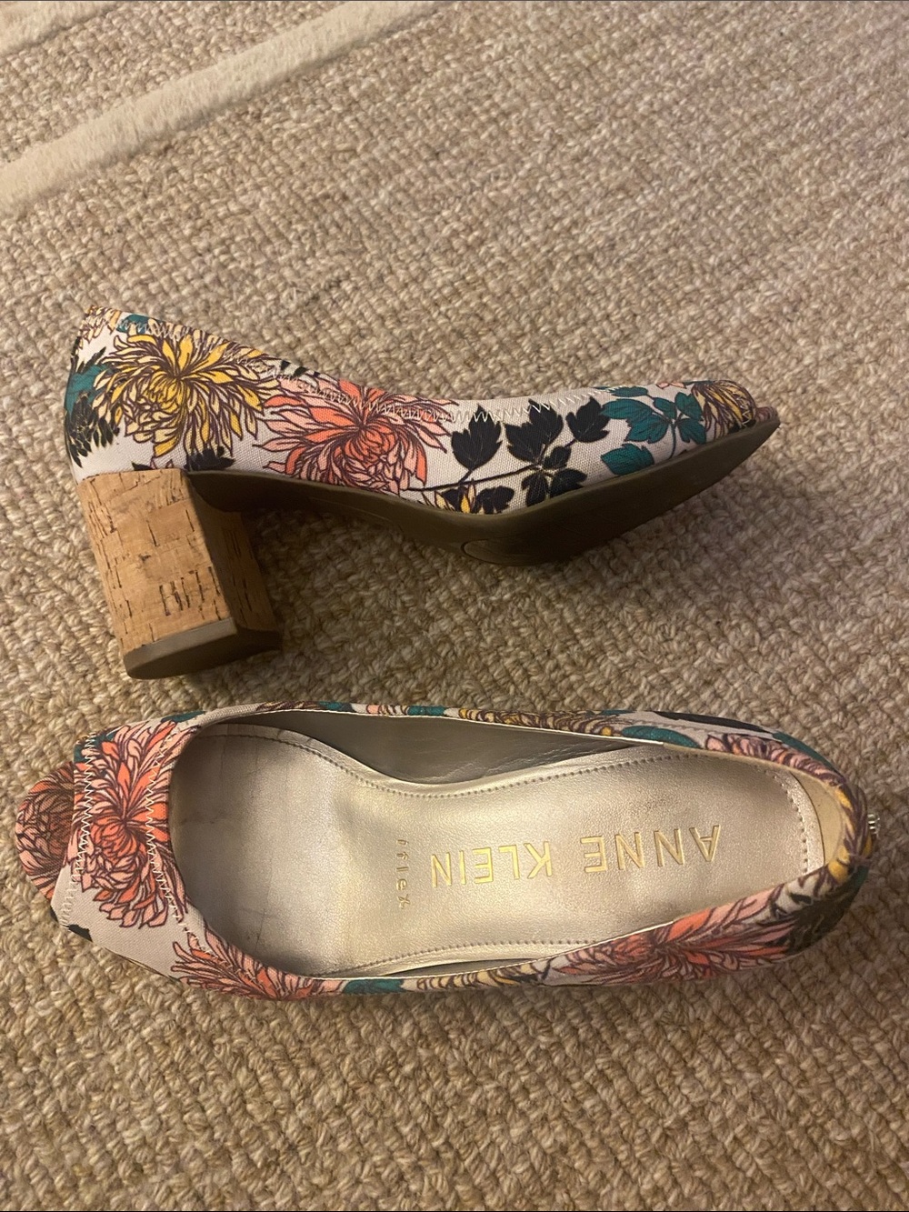 Anne Klein Floral Peep-Toe Block Heel Pumps in Coral, Teal, Yellow and Black
